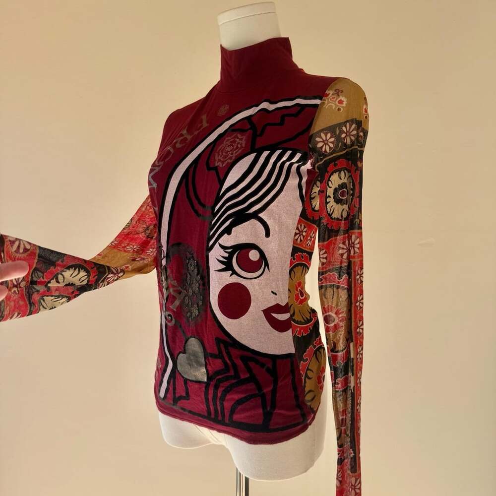 Euro Italian Graphic Turtleneck Red with Girl and Sheer Back